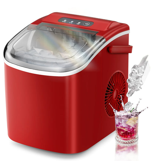 Havato Portable Countertop Ice Maker, One-Button Operation, 26Lbs/24H Efficient Ice Making with Handle/Ice Scoop/Ice Basket, Kitchen/Office/Bar and Party, Red