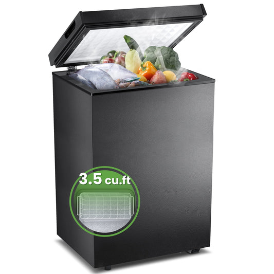 LHRIVER 3.5 Cu.Ft Chest Compact Freezers with 7 Adjustable Temperature, Upright Top Open Door Freezer with Removable Basket, Energy Saving Suitable for Home Bar, Black