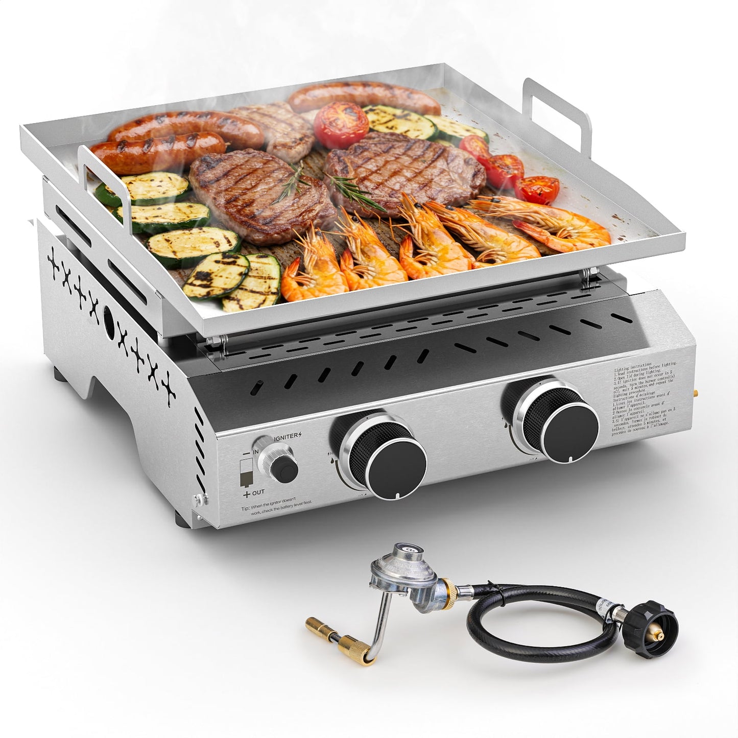 LHRIVER 2 Burner Food Grade SUS304 Tabletop Griddle, 16,000 BTU 310 Sq. In. Portable Propane Gas Griddle