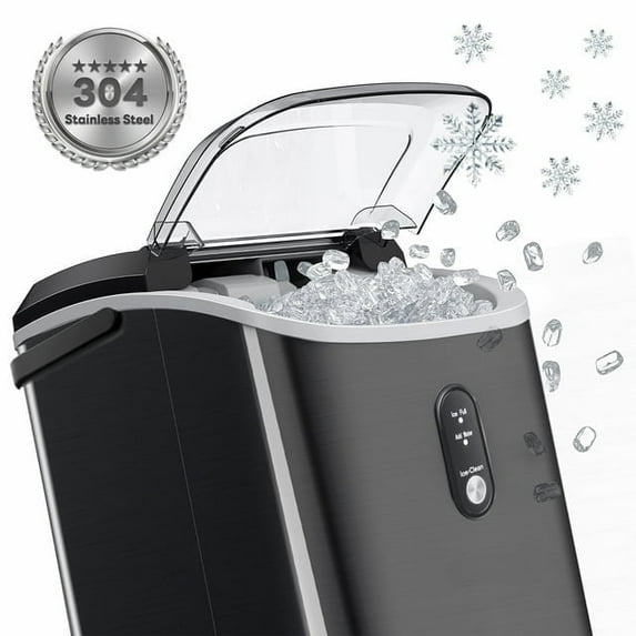 LHRIVER 35Lbs Nugget Ice Maker, Ready in 6 Mins with Self-Cleaning, Stainless Steel Black, Home/Office/Bar