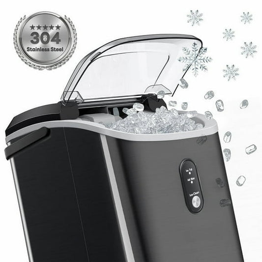 LHRIVER 35Lbs Nugget Ice Maker, Ready in 6 Mins with Self-Cleaning, Stainless Steel Black, Home/Office/Bar