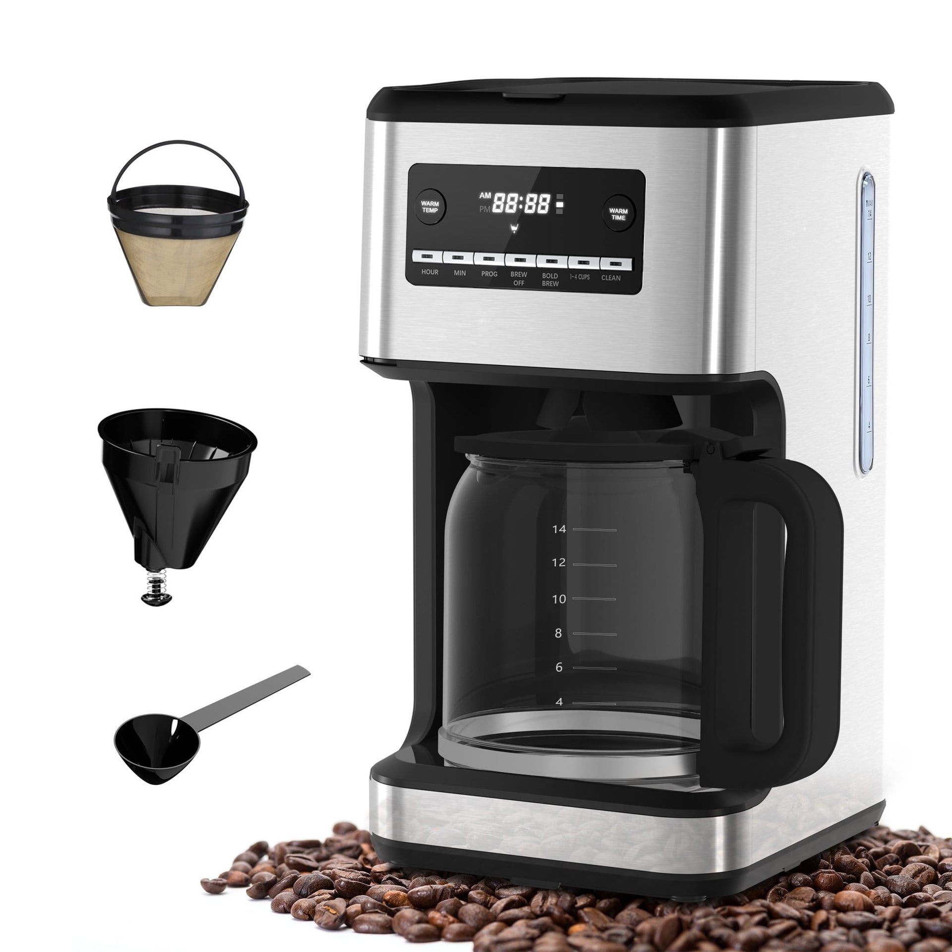 LHRIVER Coffee Maker, 14-Cup Glass Carafe, Schedulable & Programmable, 1-4  Cup Setting, Self-cleaning, Stainless Steel, Silver