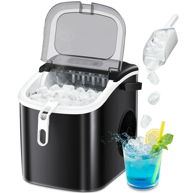 LHRIVER Countertop Ice Maker, Portable Ice Machine with Handle, 26Lbs/24H, 9Pcs/6Mins, One-Click Operation Ice Makers, with Ice Scoop and Basket, for Kitchen/Bar/Party - (Black)