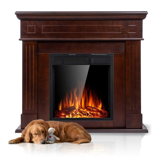 LHRIVER Freestanding Wooden Frame Fireplace with TV Stand, Electric Fireplace Mantel Heater, Various Brightness & Realistic Flames & Remote Control, Home/Office/Cafe,750W-1500W, Brown