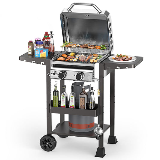 LHRIVER Gas Grill & Griddle Combo, 2 Burner BBQ Grill with 2 Side Table, 16000BTU