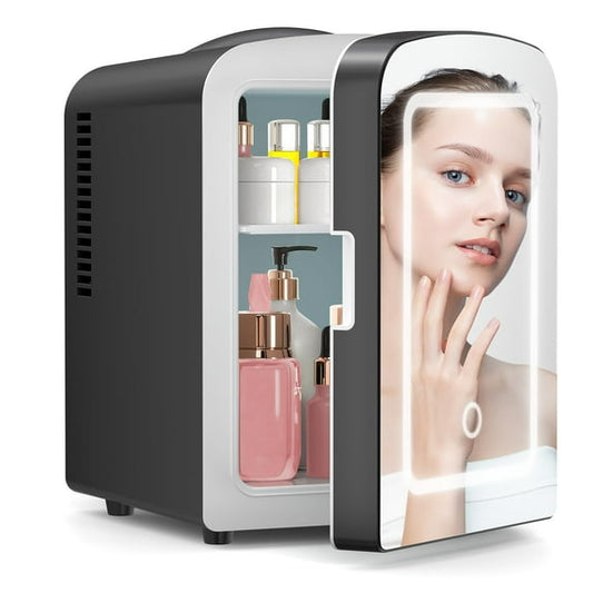 LHRIVER Mini Cooler with LED Mirror & Light, 4L Skincare Fridge, for Home Outlet & DC Charger, Black