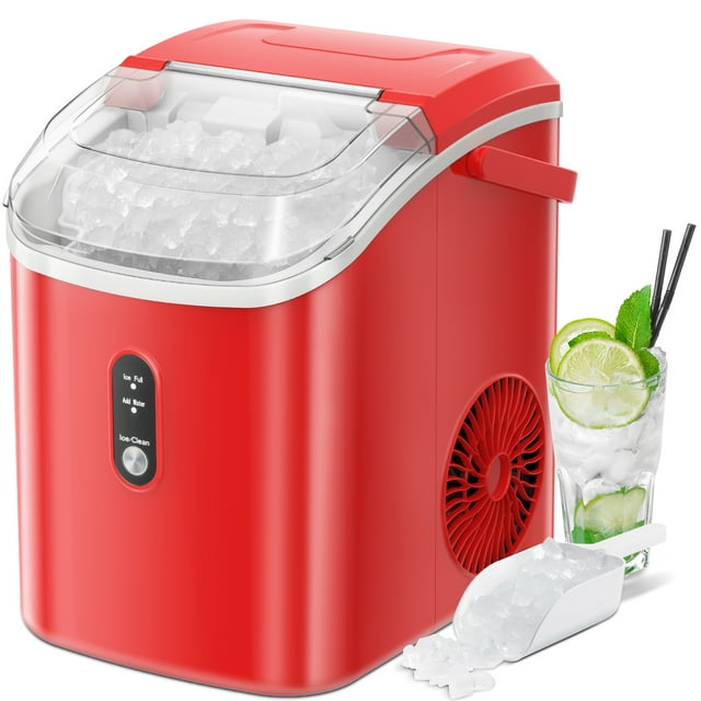 LHRIVER Nugget Ice Maker Countertop, 33lbs/24H with Self-Cleaning Function, Portable Sonic Ice Machine for Home/Office/Party-Red