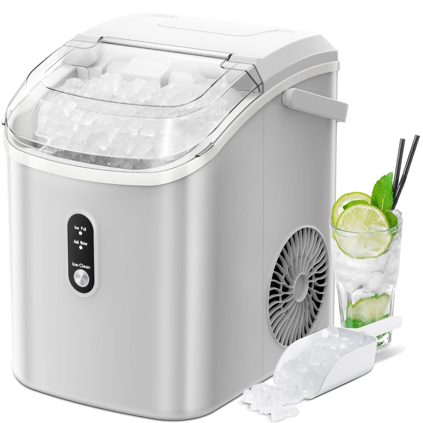 LHRIVER Nugget Ice Maker Countertop, 33lbs/24H with Self-Cleaning Function, Portable Sonic Ice Machine for Home/Office/Party-White