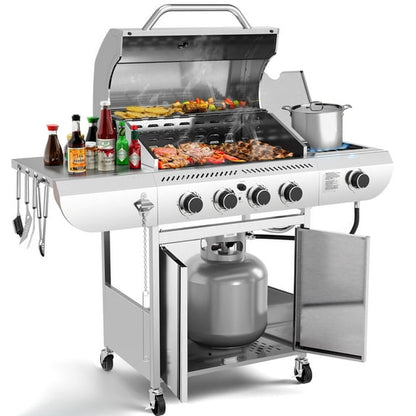 LHRIVER Stainless Steel 4-Burner Gas Grill with Side Burner, 42000BTU Barbecue Propane Grill for Outdoor Patio