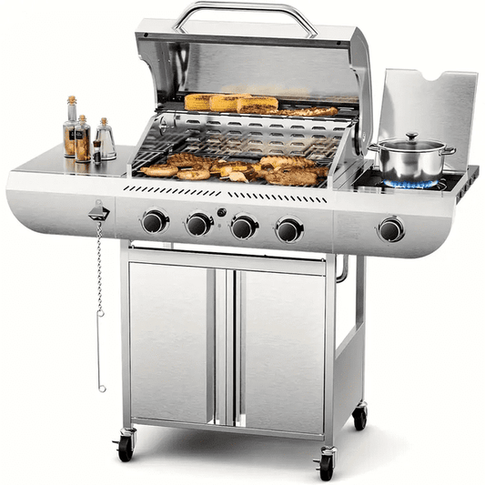 LHRIVER Stainless Steel 4-Burner Gas Grill with Side Burner, 42000BTU Barbecue Propane Grill for Outdoor Patio