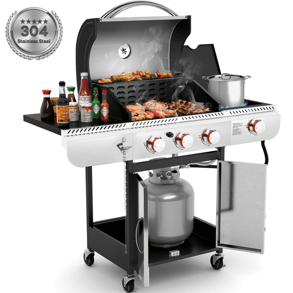 LHRIVER Stainless Steel 3 Burner Propane Gas Grill with Side Burner, 34,000 BTU Patio Garden Barbecue Grill,Porcelain-Enameled Cast Iron Grates
