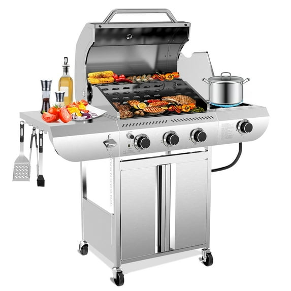 LHRIVER Stainless Steel BBQ Grill, 3 Burner Propane Gas Grill with Side Burner for Outdoor Cooking Patio Backyard