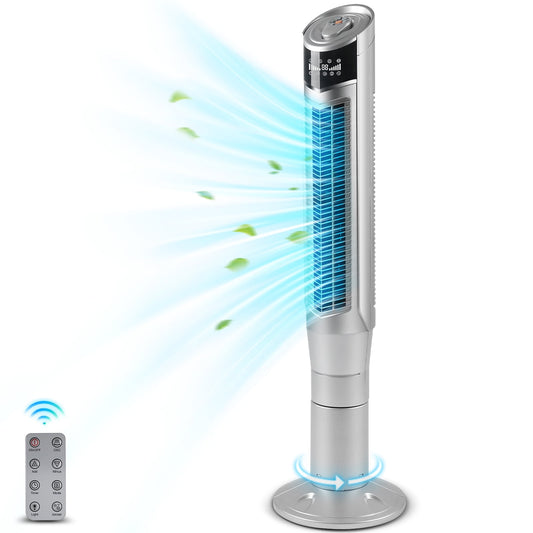 LHRIVER Tower Fan, Ionizer, Remote Control, Portable Bladeless Floor Fan, 8 Wind Speeds, For Office/Home/Party (White)