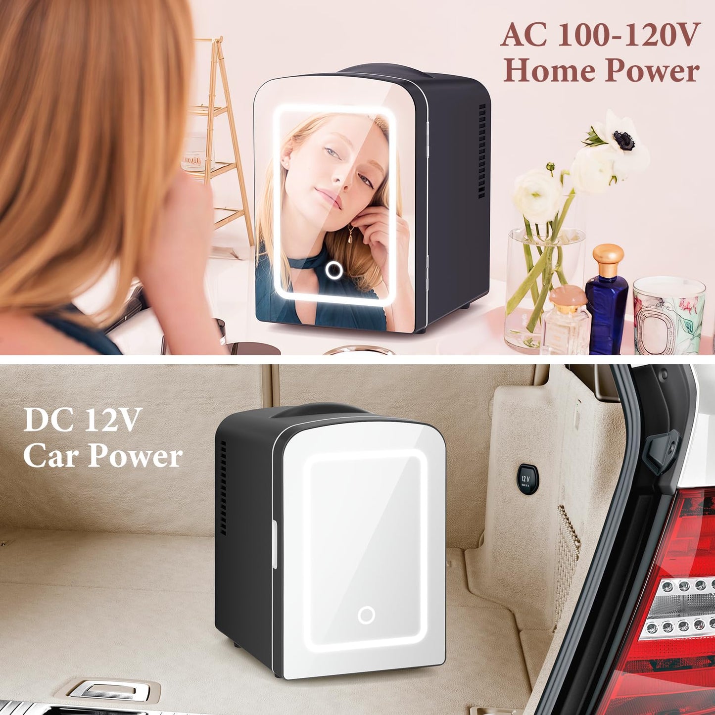 LHRIVER Mini Cooler with LED Mirror & Light, 4L Skincare Fridge, for Home Outlet & DC Charger, Black
