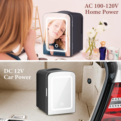 LHRIVER Mini Cooler with LED Mirror & Light, 4L Skincare Fridge, for Home Outlet & DC Charger, Black