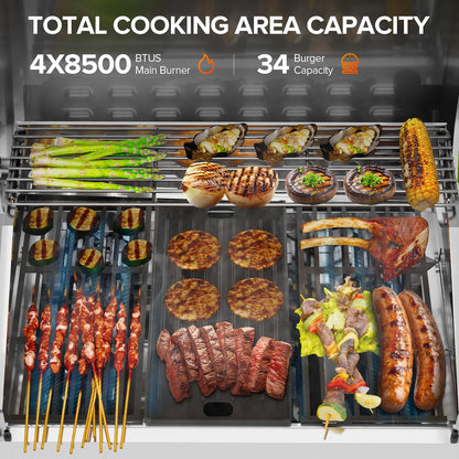 LHRIVER Stainless Steel 4-Burner Gas Grill with Side Burner, 42000BTU Barbecue Propane Grill for Outdoor Patio