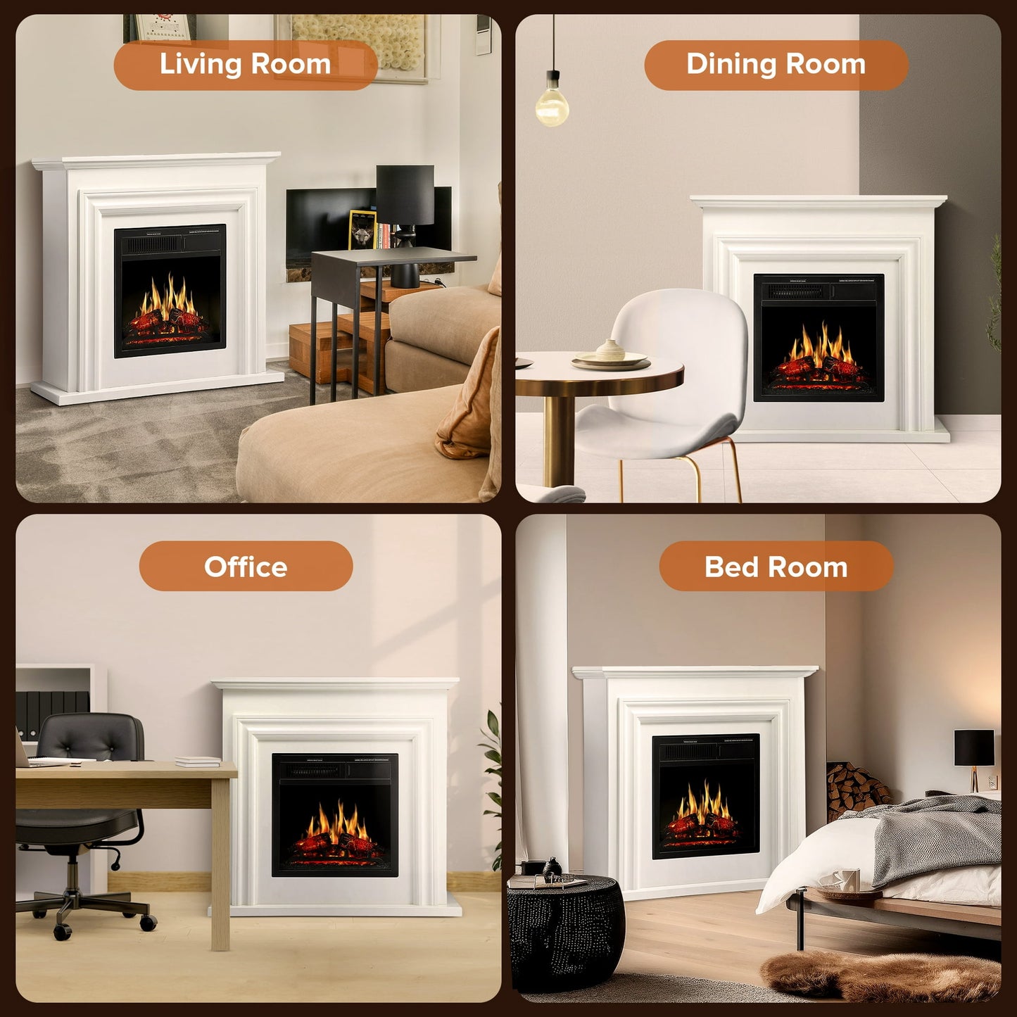 LHRIVER Electric Fireplace, Free Standing Fireplace, with Remote Control, Adjustable LED Flame, 750W/1500W -（White）