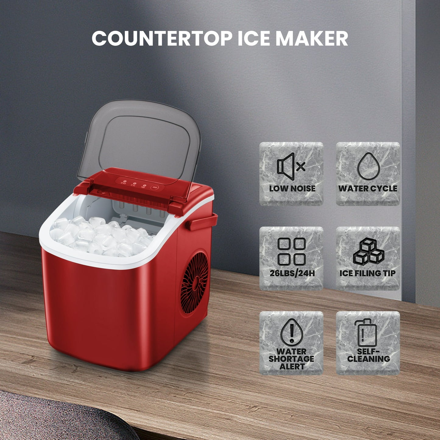 Havato Portable Countertop Ice Maker, One-Button Operation, 26Lbs/24H Efficient Ice Making with Handle/Ice Scoop/Ice Basket, Kitchen/Office/Bar and Party, Red