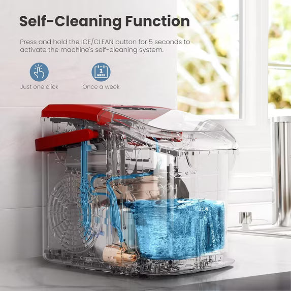 Havato Portable Countertop Ice Maker, One-Button Operation, 26Lbs/24H Efficient Ice Making with Handle/Ice Scoop/Ice Basket, Kitchen/Office/Bar and Party, Red