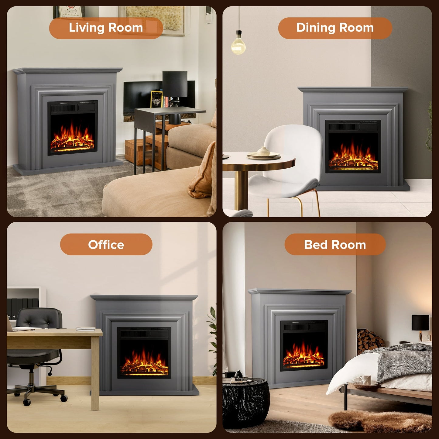 LHRIVER Electric Fireplace, Free Standing Fireplace, with Remote Control, Adjustable LED Flame, 750W/1500W -（Grey）