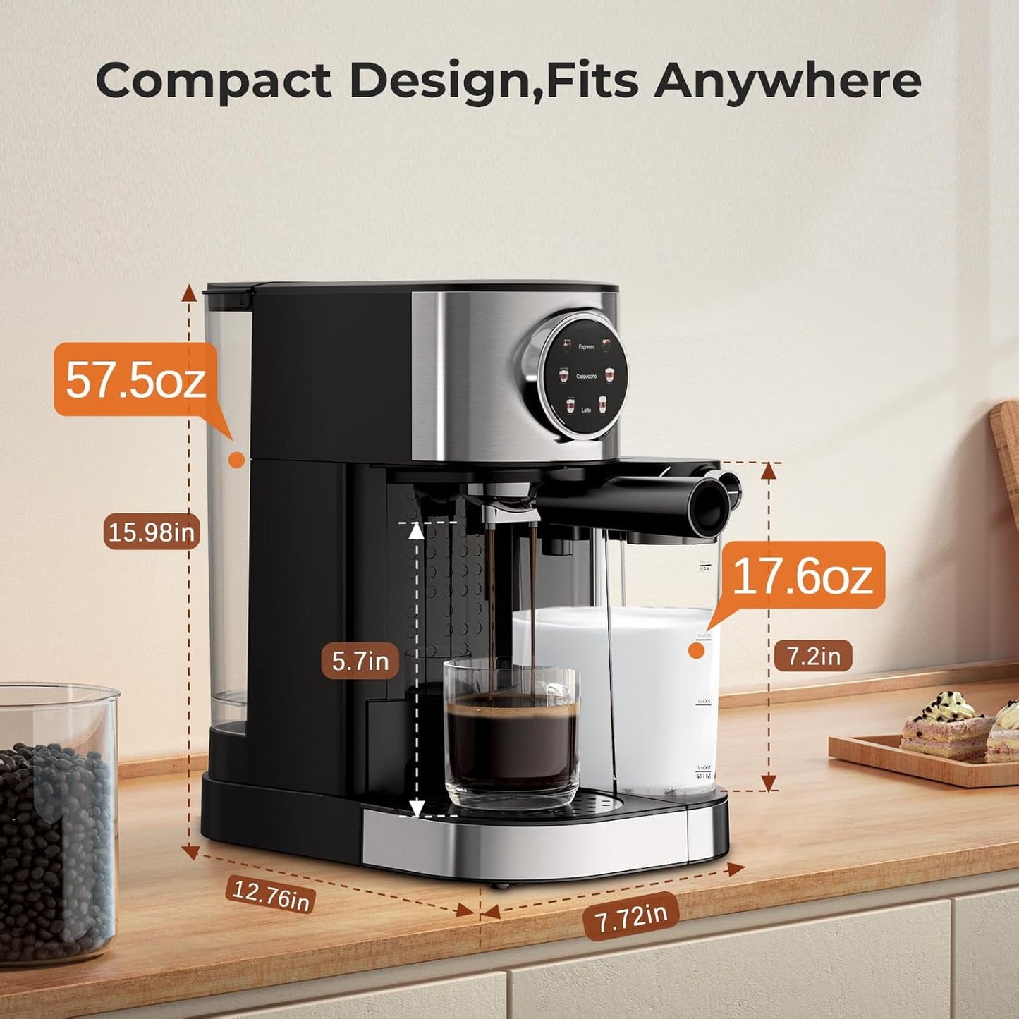 Havato 20 Bar Pressure Espresso Machine with 1.7L Removable Water Tank, Coffee Maker,Automatic Milk Frother.Touch Screen,Stainless Steel,3 types of coffee