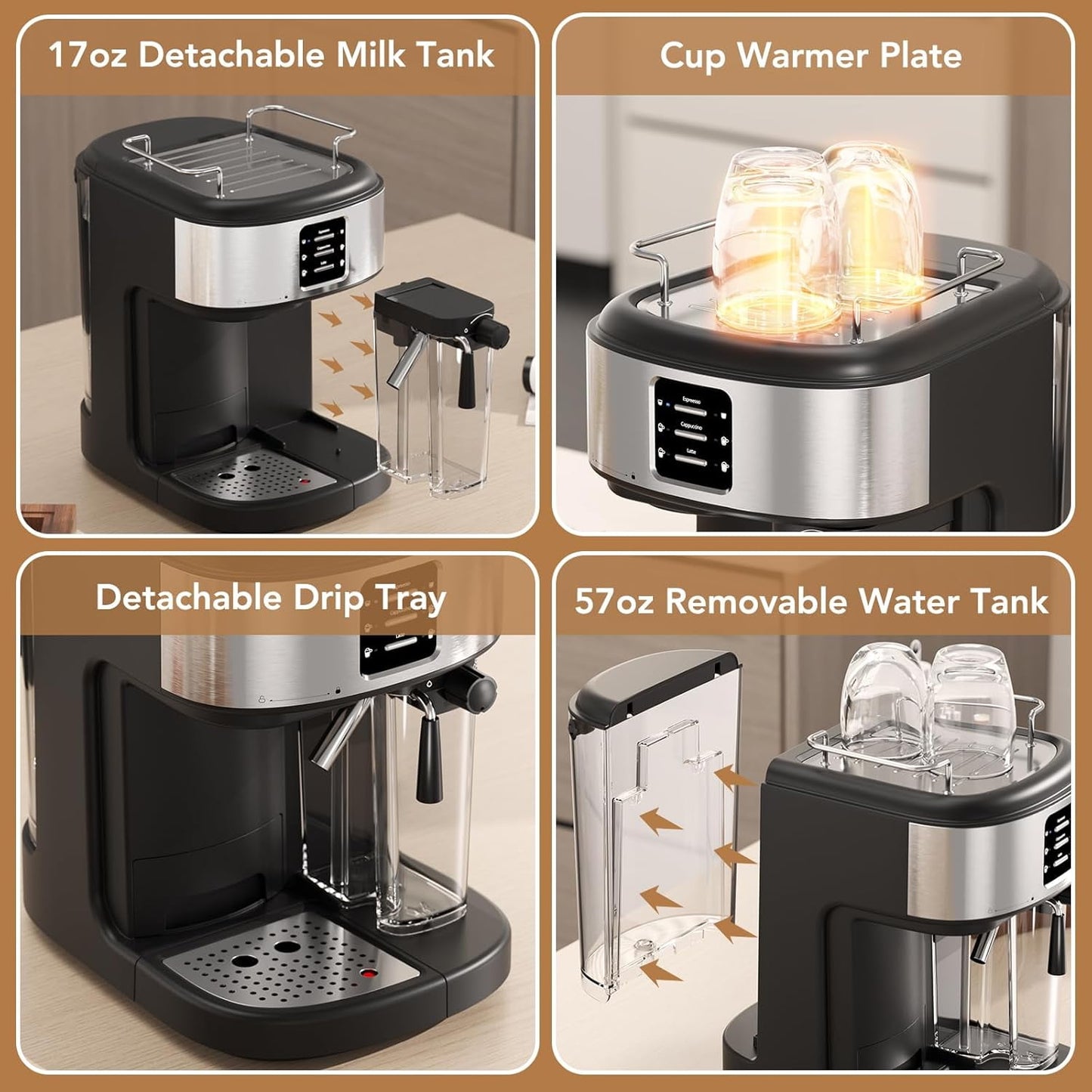 Havato 20 Bar Pressure Espresso Machine,Automatic Coffee Maker with 57oz Removable Water Tank and 16oz Removable Milk Tank,3 Kinds of Coffee,Black