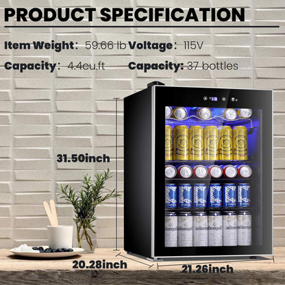 LHRIVER 4.4Cu.ft Beverage Refrigerator Cooler, 37 Bottles Mini Fridge with Glass Door for Soda Beer or Wine, With Adjustable Removable Shelves, Bar/Office/Home