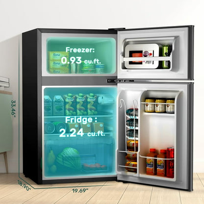 LHRIVER Mini Refrigerator 3.2Cu.Ft Compact Fridge 2-Double Doors with a Freezer Low Noise Defrost Storage of Beverages Vegetables and Fruits for Home Office Dorm