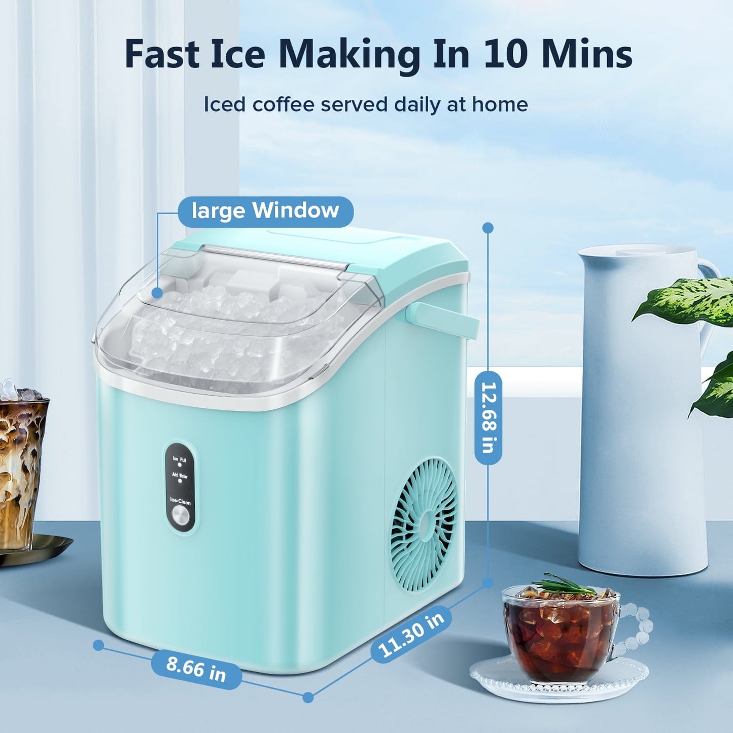 Havato Nugget Ice Machine, Extruded Ice & Chewed Ice, 33 Lbs /24H, Self-Cleaning, Party/Kitchen/Office, Green