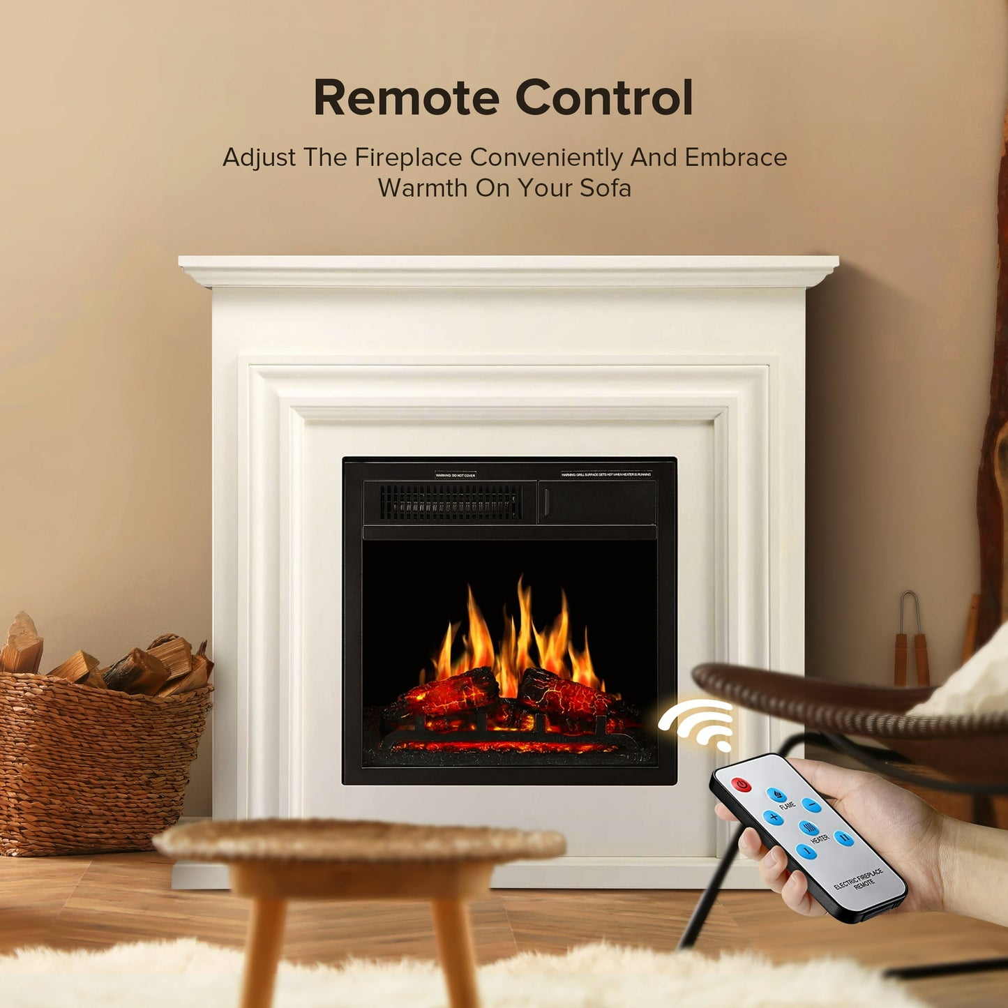 LHRIVER Electric Fireplace, Free Standing Fireplace, with Remote Control, Adjustable LED Flame, 750W/1500W -（White）