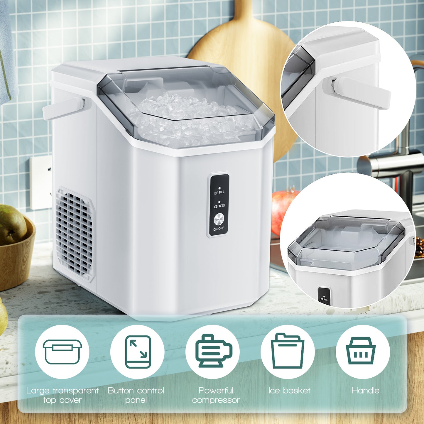 LHRIVER Nugget Countertop Ice Maker with Soft Chewable Ice, 34Lbs/24H, Self-Cleaning, Ice Scoop, White