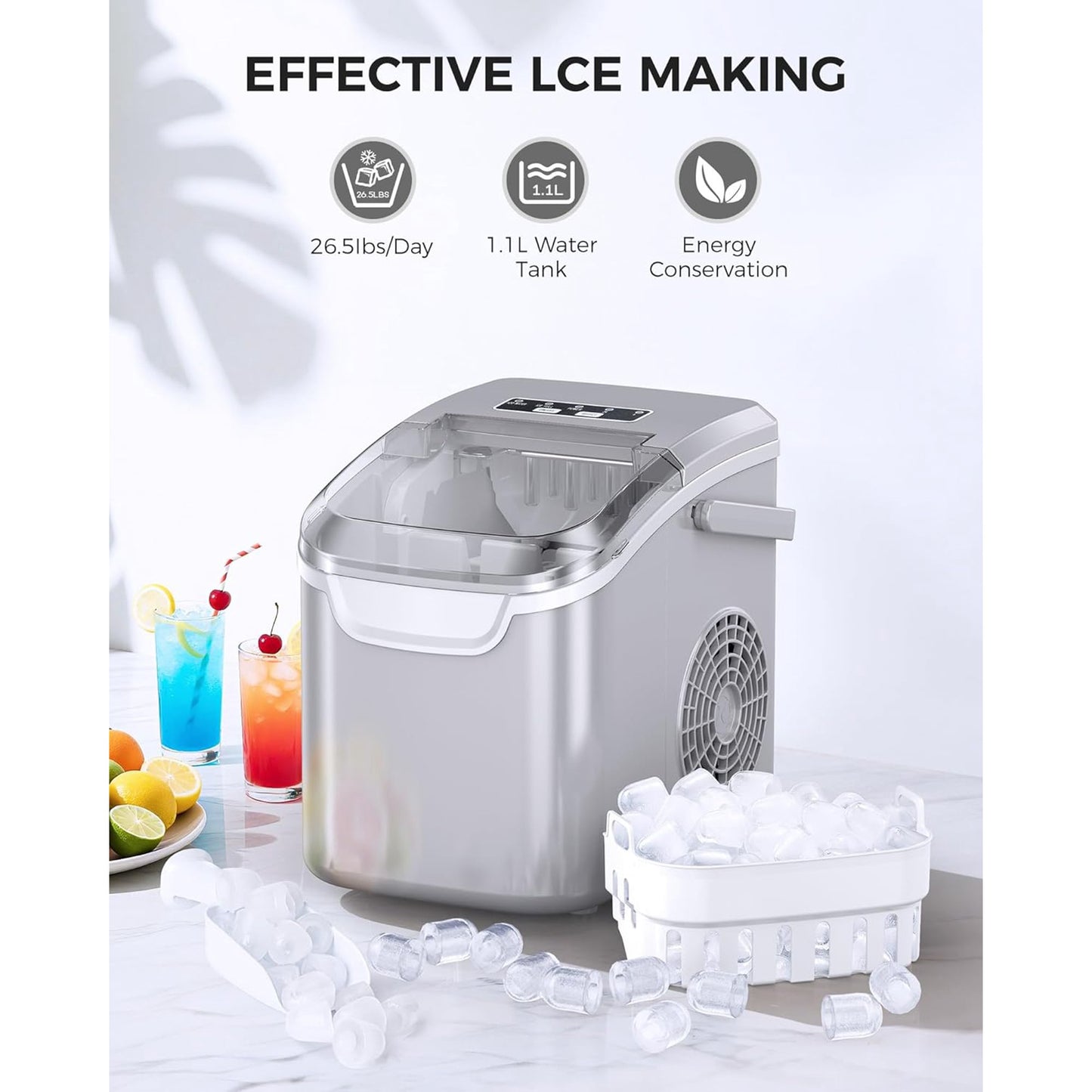 Havato Ice Makers Countertop with Handle, 26.5 Lbs / 24 H, 8 Cubes in 6 Mins, Portable Machine with Self-Cleaning, Perfect for Home Kitchen (Grey)