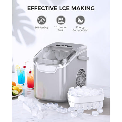 Havato Ice Makers Countertop with Handle, 26.5 Lbs / 24 H, 8 Cubes in 6 Mins, Portable Machine with Self-Cleaning, Perfect for Home Kitchen (Grey)