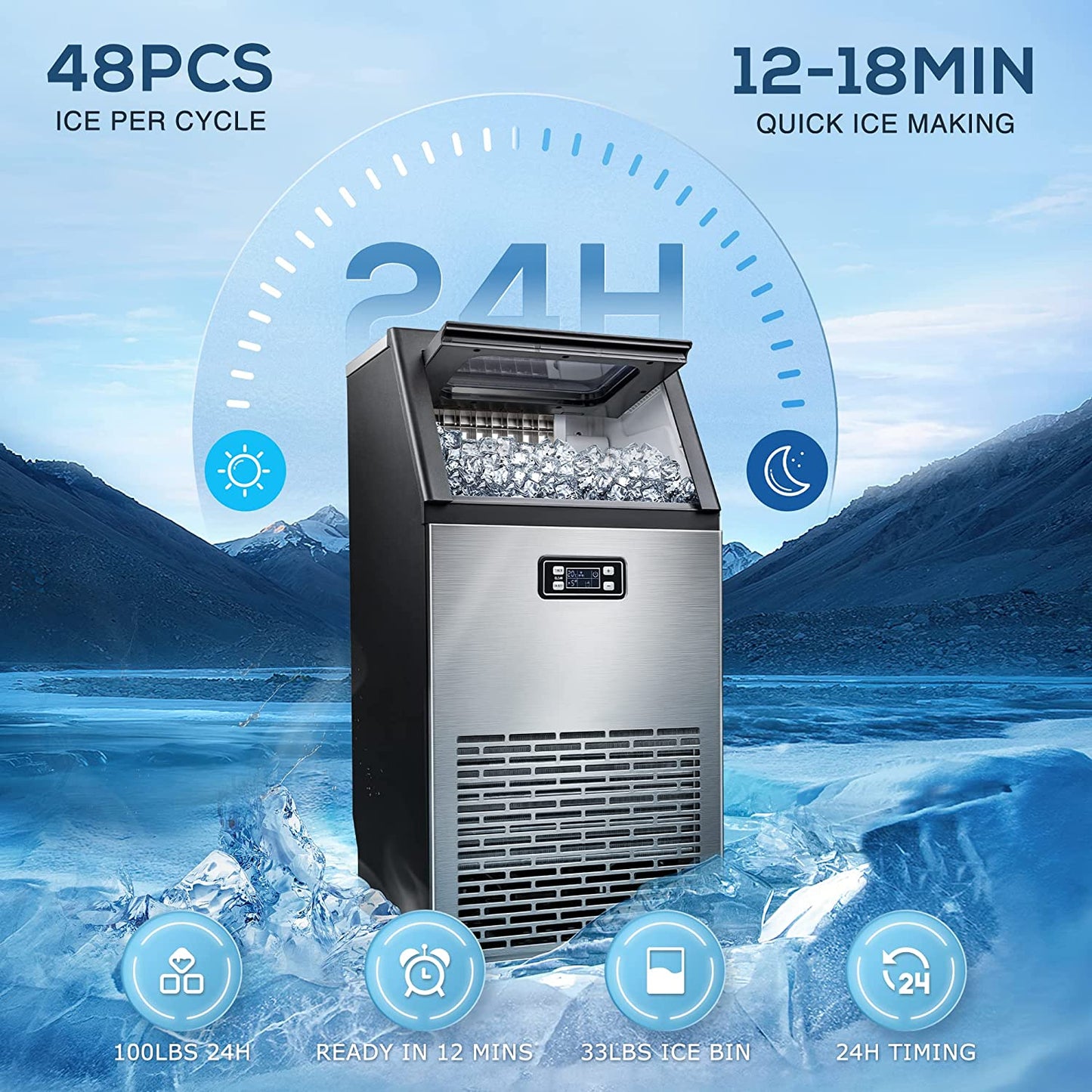 100Lbs/Day Commercial Ice Maker Machine, 45 Cubes/Batch in 11-20 Mins, Stainless Steel Freestanding with Self-Cleaning & Dual Water Inlet, Ideal for Home, Restaurant, & Bar, LHRIVER