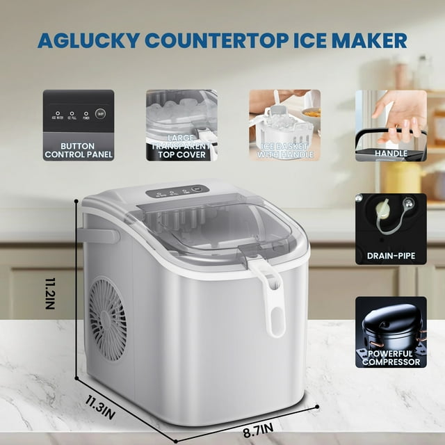 Havato Table Portable Quick Ice Maker, with Ice Basket, Ice Shovel, Ice Basket Handle, 9/6-12Min, 12KG/24H, Bullet Ice, Self-Cleaning, Water Shortage/Ice Fullness Prompt, Home/Kitchen/Office/Bar, Gray