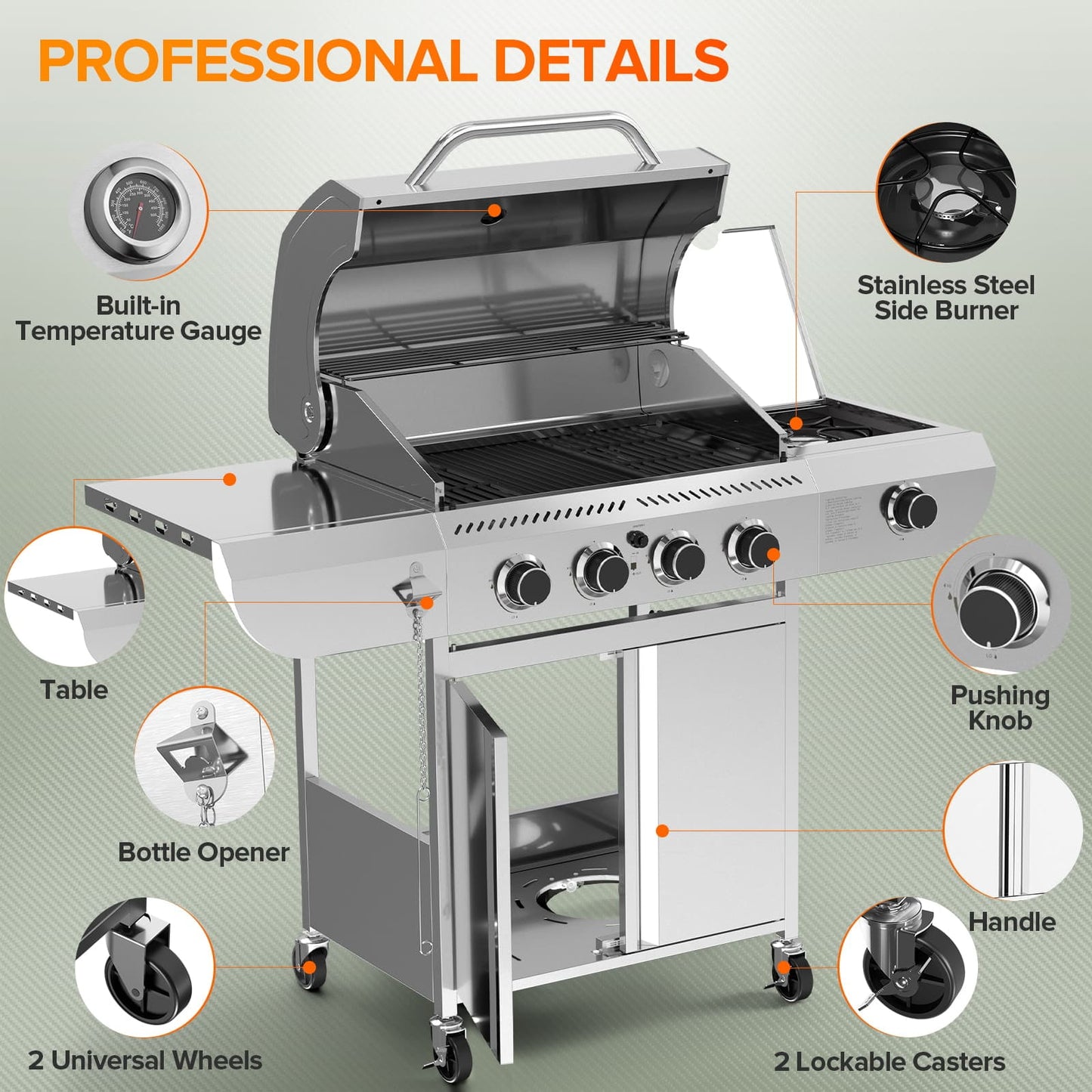 LHRIVER Stainless Steel 4-Burner Gas Grill with Side Burner, 42000BTU Barbecue Propane Grill for Outdoor Patio