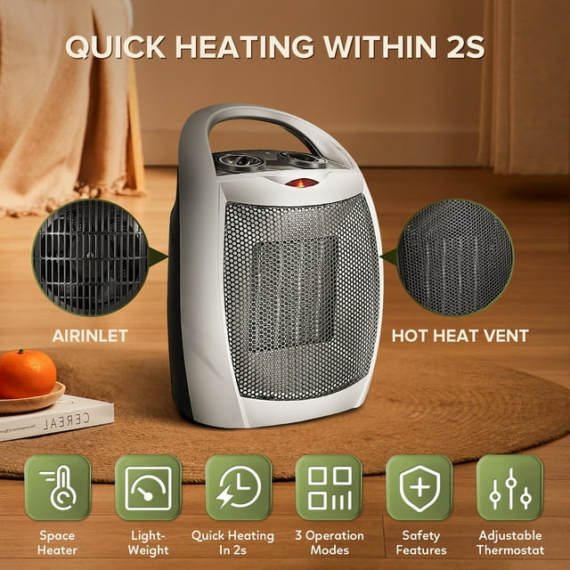 LHRIVER Compact 1500W/750W Space Heater with Thermostat - ETL Certified Ceramic Portable Heater Fan, Ideal for Home/Dorm/Office/Kitchen, Silver