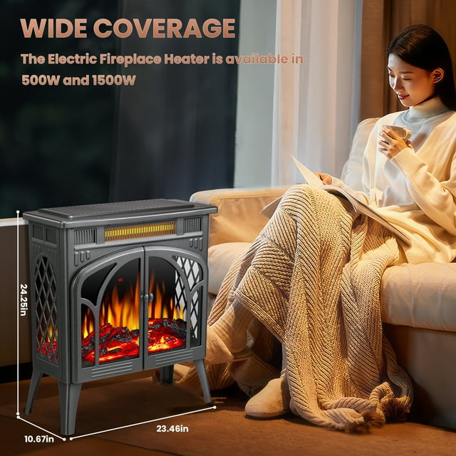 LHRIVER Electric Fireplace Heater 25’’ with 3D Realistic Flame Effect, Freestanding Fireplace, Different Flame Color, 500W/1500W,- GREY