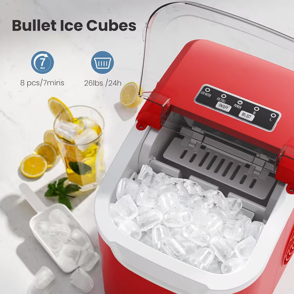 Havato Portable Countertop Ice Maker, One-Button Operation, 26Lbs/24H Efficient Ice Making with Handle/Ice Scoop/Ice Basket, Kitchen/Office/Bar and Party, Red