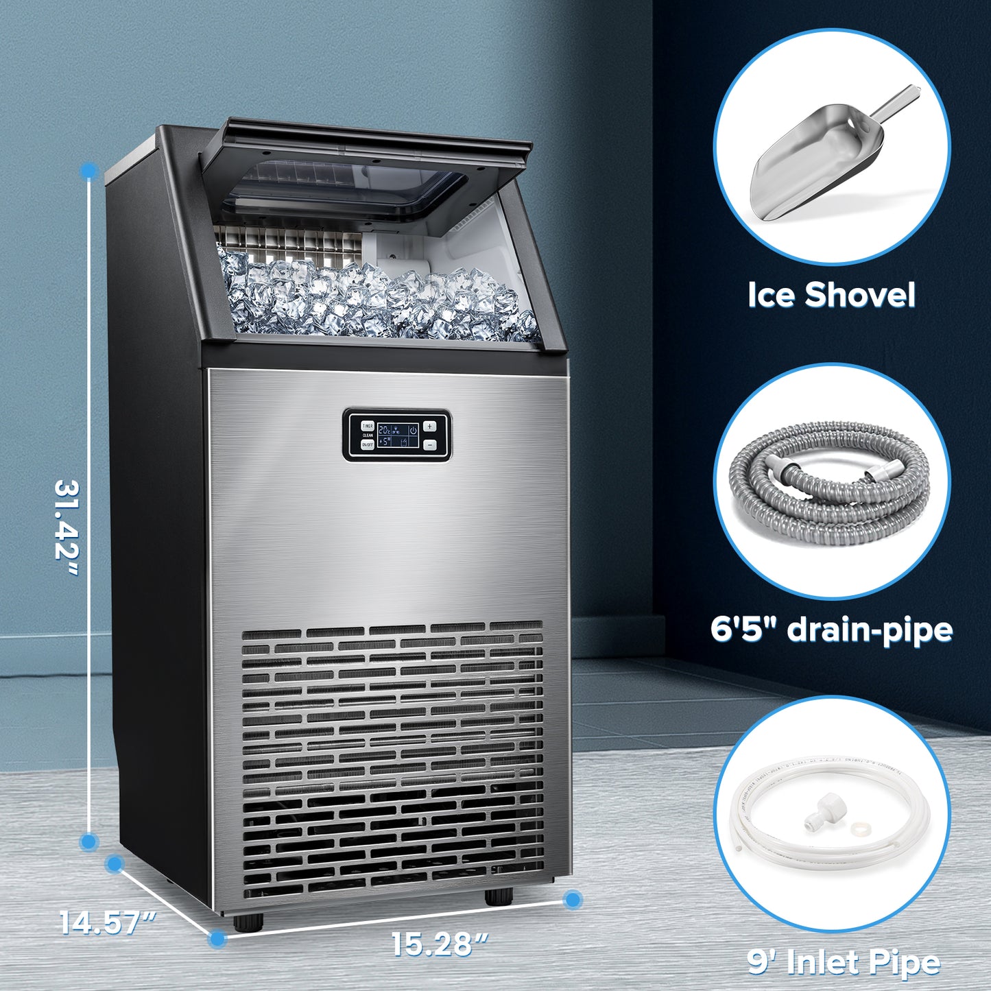 100Lbs/Day Commercial Ice Maker Machine, 45 Cubes/Batch in 11-20 Mins, Stainless Steel Freestanding with Self-Cleaning & Dual Water Inlet, Ideal for Home, Restaurant, & Bar, LHRIVER