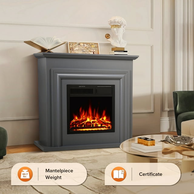 LHRIVER Electric Fireplace, Free Standing Fireplace, with Remote Control, Adjustable LED Flame, 750W/1500W -（Grey）