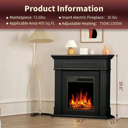 LHRIVER Freestanding Wooden Frame Fireplace with TV Stand, Electric Fireplace Mantel Heater, Various Brightness & Realistic Flames & Remote Control, Home/Office/Cafe,750W-1500W, Black