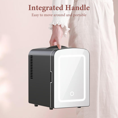 LHRIVER Mini Cooler with LED Mirror & Light, 4L Skincare Fridge, for Home Outlet & DC Charger, Black