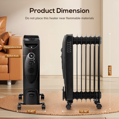 LHRIVER Oil Filled Radiator Space Heater, Adjustable Thermostat, Room Heater (Black)