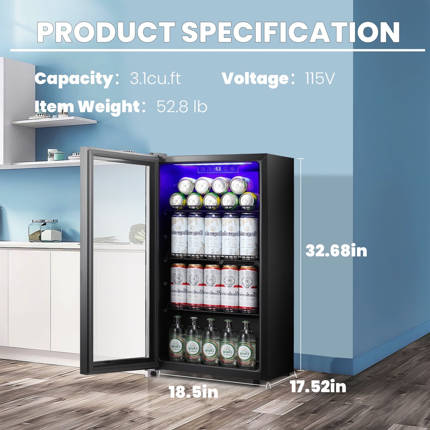 LHRIVER 3.1 Cu.ft Beverage Refrigerator Cooler, Mini Fridge with Glass Door for Soda Beer or Wine, With Adjustable Removable Shelves, Bar/Office/Home