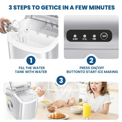 LHRIVER Countertop Ice Maker Portable Ice Machine with Handle, Self-Cleaning Ice Makers, 26Lbs/24H, 9 Ice Cubes Ready in 6 Mins (White)