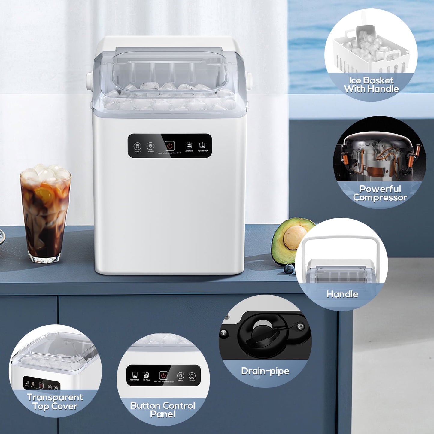 Havato Countertop Portable Ice Maker, Self-Cleaning with Handle, 2 Sizes of Bullet Ice Cubes, for Kitchen/Office-White