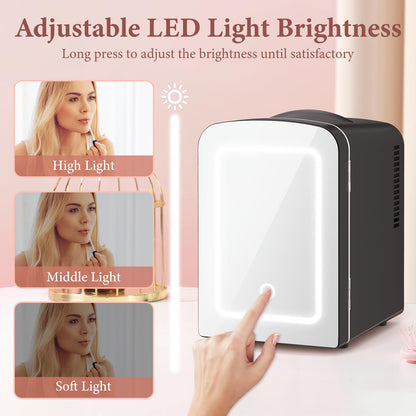 LHRIVER Mini Cooler with LED Mirror & Light, 4L Skincare Fridge, for Home Outlet & DC Charger, Black