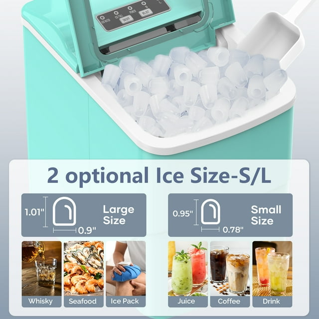 Havato Countertop Ice Maker 26lbs, 9 Pcs/6Mins, 2 Sizes of Bullet-Shaped w/Scoop & Basket, Green